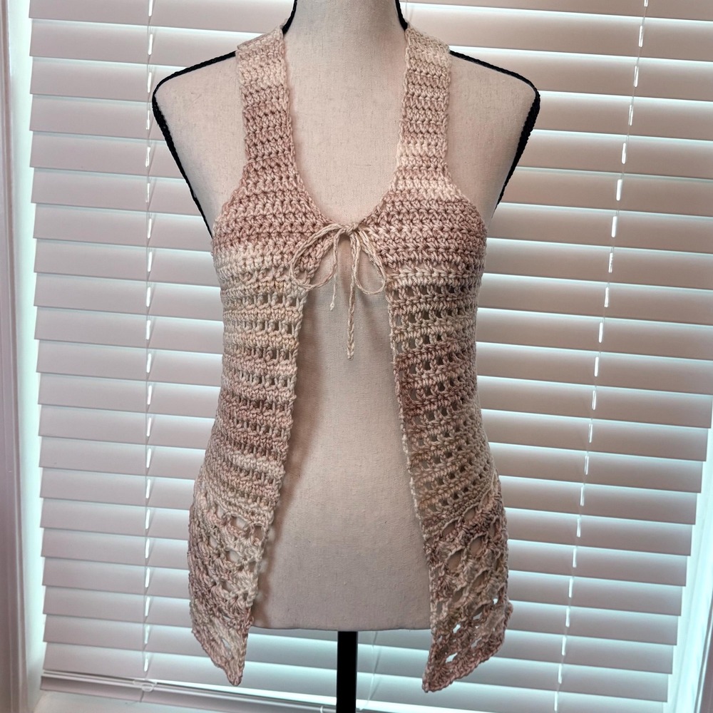 Handmade Crochet Boho Vest: Neutral Blush Lace, Open Front Festival Top